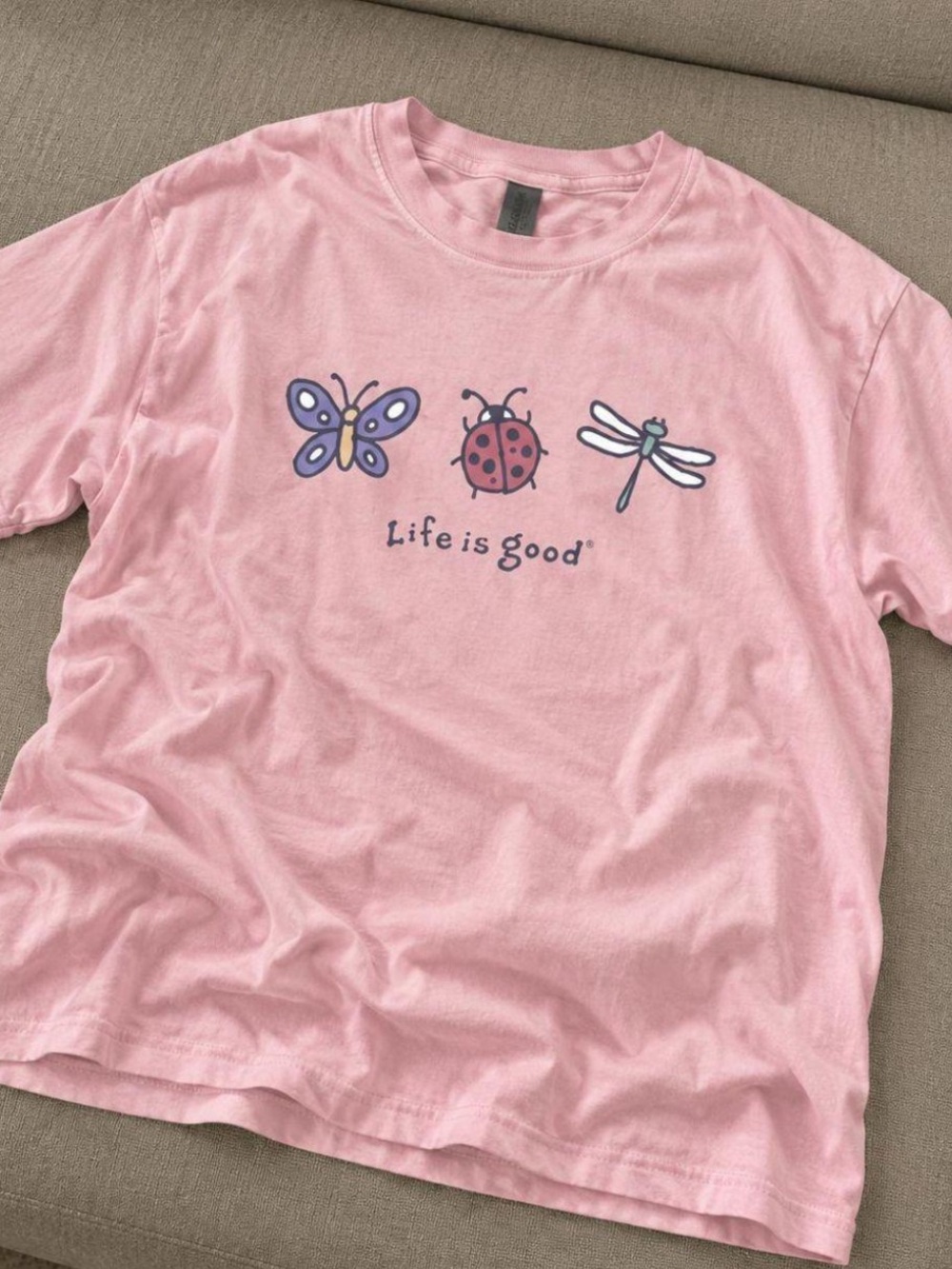 Gildan Pink Tee with Butterfly, Ladybug & Dragonfly Graphic
